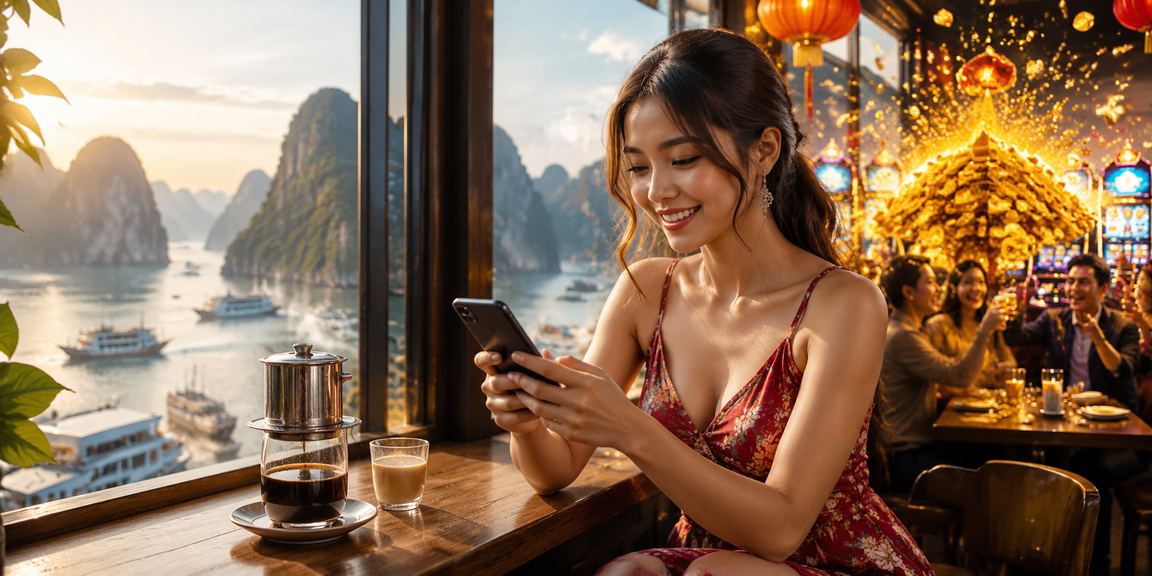 Người dùng chơi Jackpot và casino trên điện thoại tại Hạ Long bên ly cà phê buổi sáng